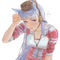 Rule 34 | 1girl, absurdres, amel 303, blunt bangs, bow, breasts, brown hat, cleavage, ear bow, ear covers, flying sweatdrops, gold ship (umamusume), hat, highres, horse girl, large breasts, leaning forward, long hair, parted lips, partially unzipped, pillbox hat, pink eyes, solo, sweat, tracen training uniform, umamusume, upper body, wiping sweat