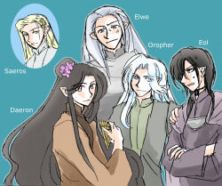 black_hair blonde_hair character_name closed_mouth crossed_arms daeron elf eol flower flute hair_flower hair_ornament hand_on_another&#039;s_shoulder instrument long_hair looking_at_another looking_at_viewer merethion open_mouth oropher pointy_ears robe saeros sweat sweatdrop the_silmarillion thingol tolkien&#039;s_legendarium