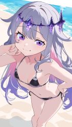 1girl :3 absurdres beach bikini black_bikini breasts closed_mouth colored_inner_hair commentary english_commentary fei_ciyu grey_hair headpiece highres hololive hololive_english jewel_under_eye koseki_bijou loli long_hair looking_at_viewer multicolored_hair navel ocean outdoors pink_hair purple_eyes purple_hair sand small_breasts solo swimsuit virtual_youtuber
