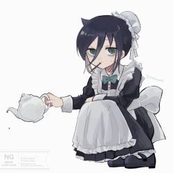 1girl alternate_costume alternate_hairstyle apron bags_under_eyes black_dress black_hair black_shoes bow bowtie commentary_request dress dripping enmaided food food_in_mouth frilled_apron frills full_body green_bow green_bowtie green_eyes hair_between_eyes hat highres holding holding_teapot kuroki_tomoko long_sleeves looking_at_viewer maid maid_apron mary_janes mob_cap mouth_hold nuka_(nukamochi) pocky pocky_in_mouth shoes short_hair sidelocks simple_background solo squatting teapot watashi_ga_motenai_no_wa_dou_kangaetemo_omaera_ga_warui! white_apron white_background white_hat