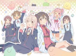 +_+ 6+girls :d :o ;d ahoge arm_up belt black_hair black_jacket black_skirt blue_hair bolo_tie bow bowtie brown_eyes brown_hair c: coat commentary_request controller copyright_name game_controller green_eyes hair_between_eyes highres hozuki_kaede hozuki_momiji jacket lab_coat long_hair long_skirt long_sleeves looking_at_viewer low_twintails male-female_symbol miniskirt multicolored_hair multiple_girls murosaki_miyo null_1578 oka_asahi one_eye_closed onii-chan_wa_oshimai! open_clothes open_coat open_mouth outline oyama_mahiro oyama_mihari pink_hair purple_hair red_bow red_bowtie red_eyes red_shirt school_uniform shirt short_hair siblings side_ponytail sisters sitting skirt sleeves_rolled_up smile streaked_hair suspender_skirt suspenders twintails two-tone_hair two_side_up untucked_shirt v white_outline white_shirt wing_collar