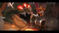 1girl armor artist_name embers extra_eyes fangs kraid metroid metroid_dread monster nintendo open_mouth power_armor power_suit samus_aran shoulder_pads teke