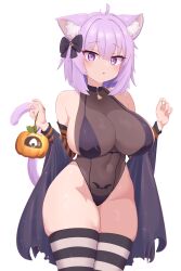 Rule 34 | 1girl, absurdres, animal ear fluff, animal ears, bat tattoo, bikini, black bikini, black leotard, black thighhighs, breasts, cat ears, cat girl, cat tail, cowboy shot, gabai, halloween, highres, hololive, horizontal-striped thighhighs, large breasts, leotard, nekomata okayu, pubic tattoo, pumpkin, purple eyes, purple hair, purple tail, see-through clothes, see-through leotard, simple background, solo, swimsuit, tail, tattoo, thighhighs, two-tone thighhighs, variant set, virtual youtuber, white background, white thighhighs, zombie (vocaloid)