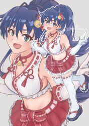 1girl :d absurdres antenna_hair aqua_eyes armpits bare_shoulders bell bikini blue_hair blush bow breasts cleavage collarbone concept_maihime_(idolmaster) dated dot_nose elbow_gloves fang flip-flops frilled_gloves frilled_shirt frilled_skirt frills full_body ganaha_hibiki gloves grey_background groin hair_bell hair_ornament hair_ribbon halter_shirt halterneck hands_up highres idolmaster idolmaster_(classic) idolmaster_million_live! idolmaster_million_live!_theater_days index_finger_raised jingle_bell large_breasts long_hair midriff miniskirt navel neck_bell nontraditional_miko official_alternate_costume okobo open_mouth platform_sandals pleated_skirt ponytail red_bikini red_ribbon red_skirt ribbon ribbon-trimmed_gloves ribbon-trimmed_shirt ribbon-trimmed_thighhighs ribbon_trim sandals shinoda_aratame shirt sideboob simple_background skirt sleeveless sleeveless_shirt smile solo standing standing_on_one_leg swimsuit thighhighs twitter_username upper_body very_long_hair waist_bow white_gloves white_thighhighs zoom_layer