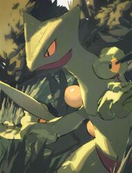 Rule 34 | arc draws, artist name, black eyes, closed mouth, colored sclera, colored skin, gen 3 pokemon, grass, green skin, highres, nintendo, no humans, outdoors, pokemon, pokemon (creature), pokemon focus, pokemon on arm, sceptile, treecko, twitter username, yellow sclera