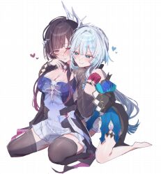 2girls bare_legs black_thighhighs blue_eyes blue_hair breasts brown_hair cerydra_(honkai:_star_rail) cleavage commentary_request coral dress gloves heart highres honkai:_star_rail honkai_(series) hysilens_(honkai:_star_rail) long_hair long_sleeves multiple_girls puffy_sleeves purple_eyes purple_gloves smile str_kope thighhighs yuri