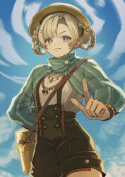 1girl arm_behind_back bag blonde_hair blue_eyes blue_sky blue_sleeves boater_hat braid braided_hair_rings brown_headwear brown_shorts cloud cowboy_shot hair_rings highres index_finger_raised jewelry looking_at_viewer matilda_bouanich matilda_bouanich_(the_genius&#039;s_holiday) necklace outstretched_hand overall_shorts overalls parted_lips reverse:1999 ritarou shirt shorts shoulder_bag shrug_(clothing) sky smile solo twin_braids v-shaped_eyebrows white_shirt
