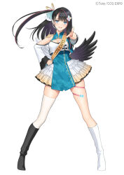 Rule 34 | 1girl, black boots, black hair, blue eyes, boots, breasts, ccg expo, cleavage cutout, clothing cutout, detached sleeves, dress, frilled dress, frills, high side ponytail, long hair, looking at viewer, medium breasts, multicolored hair, one side up, open mouth, pointing, pointing at viewer, red hair, single thighhigh, skindentation, solo, spread legs, standing, teeth, thighhighs, tony taka, upper teeth only, very long hair, white background, white boots, white thighhighs, zi ling