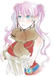 1girl animal animal_around_neck arms_under_breasts belt blue_belt blue_eyes blush breasts closed_mouth detached_sleeves double_bun dress earrings expressionless fox hair_bun jewelry long_hair looking_afar medium_breasts pink_hair professor_(ragnarok_online) ragnarok_online red_dress simple_background sleeveless sleeveless_dress solo striped_sleeves tassel tassel_earrings upper_body white_background white_sleeves yutsuki