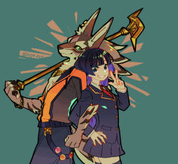 1boy 1girl back-to-back black_hair blue_background furry furry_male furry_with_non-furry green_eyes grin holding holding_scepter interspecies locked_arms long_sleeves looking_at_viewer protagonist_2_(housamo) scepter school_uniform seth_(housamo) simple_background smile sora-ya_(uya_kyo) tokyo_houkago_summoners