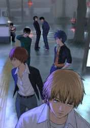 6+boys ansatsu_kyoushitsu black_hair blonde_hair blue_hair brown_hair chainsaw_man character_request commentary_request company_connection copyright_request crossover denji_(chainsaw_man) formal_clothes gakuran highres jacket looking_at_another multiple_boys multiple_crossover open_clothes open_jacket outdoors psyren rokudenashi_blues rustle sakigake!!_otokojuku school_uniform suit topless_male urameshi_yusuke walking weekly_shounen_jump yuu_yuu_hakusho