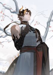 Rule 34 | 1boy, absurdres, arknights, bare shoulders, blonde hair, brown hair, chinese commentary, chongyue (arknights), colored extremities, commentary request, cowboy shot, day, earrings, hair intakes, hand up, highres, holding, horns, jewelry, long hair, looking up, male focus, multicolored hair, orange eyes, outdoors, parted lips, plant, pointy ears, sleeveless, solo, somnolence (hranxy), standing, streaked hair, tail, tree