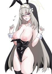 1girl absurdres afro_(afrodite_ja) animal_ears black_thighhighs black_veil blue_archive blush breasts crossed_bangs fake_animal_ears grey_hair hair_between_eyes halo highres inverted_nipples large_breasts latex latex_leotard leotard long_hair looking_at_viewer nipples nun playboy_bunny purple_eyes rabbit_ears sakurako_(blue_archive) smile solo strapless strapless_leotard thighhighs veil very_long_hair wrist_cuffs yellow_halo