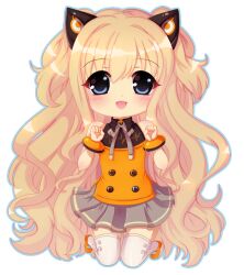 1girl absurdly_long_hair animal_ears bare_shoulders black_shirt blonde_hair blue_eyes blue_outline bow bowtie bracelet cardiogram cardiogram_print cat_ears chibi clenched_hands commentary dot_nose english_commentary grey_bow grey_bowtie grey_skirt hair_between_eyes happy jewelry kemonomimi_mode kneeling light_blush long_hair mary_janes miniskirt moekitten open_mouth orange_shirt orange_shoes outline paw_pose pleated_skirt power_symbol seeu shirt shoes skirt sleeveless sleeveless_shirt smile solo straight-on thighhighs transparent_background two-tone_shirt two_side_up very_long_hair vocaloid wavy_hair white_thighhighs