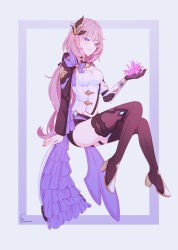 1girl absurdres black_boots black_shorts blue_eyes boots breasts cape catandcrumbles commentary corset crystal crystal_flower elf elysia_(honkai_impact) elysia_(miss_pink_elf)_(honkai_impact) hair_ornament high_heel_boots high_heels highres holding holding_crystal honkai_(series) honkai_impact_3rd long_hair medium_breasts pink_hair pointy_ears short_shorts shorts simple_background solo thigh_boots thighs white_background white_corset