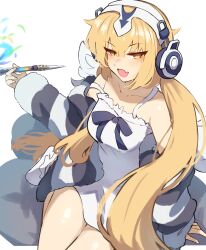 1girl absurdres angel_wings bare_shoulders blonde_hair breasts camisole fate/grand_order fate_(series) feathered_wings headphones highres jeanne_d&#039;arc_(fate) long_hair long_sleeves looking_at_viewer low_twintails medium_breasts metatron_jeanne_(fate) metatron_jeanne_(second_ascension)_(fate) open_mouth smile solo striped_clothes striped_sweater sweater twintails vinsycal white_camisole wings yellow_eyes