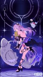 1girl absurdres bare_back blue_eyes citlali_(genshin_impact) constellation genshin_impact gloves hair_ornament high_heels highres leg_up long_hair looking_at_viewer pillow pink_hair ripples solo standing standing_on_one_leg very_long_hair water watermark ze