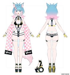 1girl :d a-pose absurdres animal_ear_fluff animal_ears antenna_hair armpit_crease artist_name ass ass_cutout asymmetrical_bangs back back_cutout backboob bare_shoulders belt bikini black_belt black_bikini black_choker black_sandals black_straps black_trim blue_eyes blue_hair breasts butt_crack character_name checkered_bikini checkered_clothes checkered_scarf chest_harness choker circle_print cleavage close-up clothes_writing clothing_cutout collared_shrug colored_tips commentary company_name criss-cross_straps dot_nose english_commentary eyebrows_hidden_by_hair fangs feet flipped_hair floral_print flower framed_breasts from_behind full_body gloves gluteal_fold gold_sandals gradient_bikini gradient_hair grey_belt grin hair_flower hair_ornament hair_tie half-closed_eyes harness high_heel_sandals high_ponytail highres indie_virtual_youtuber invisible_floor large_breasts light_blush long_eyelashes long_legs looking_at_viewer multicolored_bikini multicolored_hair multiple_views o-ring o-ring_bottom o-ring_choker o-ring_harness open_hands open_mouth parted_bangs pink_flower pink_hair pink_scarf pink_tail platform_heels platform_sandals ponytail print_bikini print_scarf race_queen raised_eyebrows reference_sheet sandals scarf see-through_cleavage see-through_clothes see-through_scarf shrug_(clothing) sideboob sidelocks silvervale sleeveless smile sports_bikini standing straight-on strappy_heels swimsuit tail tail_flower tail_ornament teeth thick_eyelashes thigh_strap thighs translucent_hair transparent_bikini turnaround two-tone_belt two-tone_bikini two-tone_gloves two-tone_hair two-tone_scarf two-tone_tail upper_teeth_only vertigris vest virtual_youtuber white_background white_bikini white_gloves white_shrug white_tail white_vest wide_hips wide_ponytail wolf_ears wolf_girl wolf_tail yellow_bikini yellow_gloves yellow_sandals yellow_trim