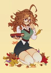 1girl acorn adjusting_eyewear antenna_hair autumn_leaves black_skirt book breasts cleavage closed_mouth commentary dot_mouth english_commentary falling_leaves full_body glasses green_sweater holding holding_book large_breasts leaf looking_at_viewer medium_breasts medium_hair messy_hair nail_polish original oxcoxa pencil_skirt purple_eyes purple_nails red_hair round_eyewear seiza shirt signature simple_background sitting skirt sleeveless sleeveless_sweater solo sweater thighhighs thighs white_shirt white_thighhighs