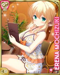 1girl :o alternate_costume blonde_hair blush bow braid breasts card_(medium) closed_mouth cyberagent day female_focus girlfriend_(kari) green_eyes hair_ribbon indoors large_breasts long_hair midriff mochizuki_erena navel official_art orange_bow qp:flapper ribbon shirt shorts sitting spa tagme white_shirt white_shorts