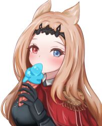 1girl absurdres acmetamaki animal_ears archetto_(arknights) arknights black_gloves blue_eyes blush brown_hair commentary_request epaulettes food gloves heterochromia highres holding holding_food holding_ice_cream ice_cream long_hair looking_at_viewer red_eyes simple_background solo upper_body white_background