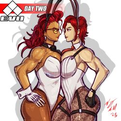 Rule 34 | 2girls, ass, between breasts, between legs, bodysuit, breast press, breasts, breasts squeezed together, crimson viper, face-to-face, female focus, gloves, green eyes, hand on own hip, huge ass, huge breasts, jiggle, large breasts, leather, leather gloves, leotard, medium hair, multiple girls, pantyhose, playboy bunny, rabbit, rabbit ears, red eyes, red hair, see-through clothes, shiny clothes, shiny skin, short hair, standing, street fighter, taurence bell, the king of fighters, thick thighs, thighhighs, thighs, vanessa (kof)