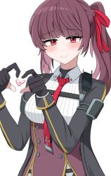 Rule 34 | 1girl, absurdres, black gloves, blush, collared shirt, finger heart, girls&#039; frontline, girls&#039; frontline 2: exilium, gloves, hair ribbon, highres, looking at viewer, makiatto (girls&#039; frontline 2), necktie, purple hair, red eyes, red necktie, red ribbon, ribbon, shirt, solo, sweatdrop, upper body, user yzuw3278, wa2000 (girls&#039; frontline), white background
