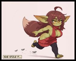 1girl ahoge ai-assisted ass ass_freckles body_freckles breasts brown_hair claws colored_skin english_text fang female_goblin fewer_digits fox_tail freckles goblin green_skin large_breasts large_ears large_tail long_hair meme_attire messy_hair monster_girl naruto_run oversized_clothes pointy_ears protokebab running shortstack slit_pupils smug solo stirrup_legwear tail thick_eyebrows thighhighs toe_claws toeless_legwear virgin_killer_sweater yellow_eyes zeimi_(pixelkebab)