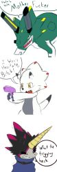 absurdres belt dark_persona digimon dinosaur gammamon gulusgammamon highres horn profanity water_gun wezengammamon yellow_eyes