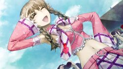 1girl :d akihabara_(tokyo) alternate_costume amane_suzuha armpits belt bow bowtie braid breasts brown_hair camera choker cleavage closed_eyes cloud comiket corset cosplay day detached_sleeves dress dutch_angle frilled_corset frilled_sleeves frills game_cg hair_tie hand_on_own_hip heart heart_belt_buckle highres huke lace-trimmed_corset leather_belt medium_breasts midriff navel necktie nervous non-web_source official_art open_mouth outdoors pink_belt pink_choker pink_corset pink_dress pink_skirt pink_sleeves purple_stripes skirt sky smile solo_focus standing steins;gate steins;gate:_my_darling&#039;s_embrace striped_clothes striped_skirt sweatdrop tokyo_big_sight tongue twin_braids twintails v v_over_eye white_bow white_bowtie