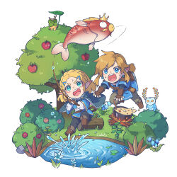 1boy 1girl apple apple_tree artist_name black_pants blonde_hair blue_cloak blue_eyes blue_flower blue_nightshade blue_shirt blue_tunic blupee blush boots braid brown_footwear brown_gloves bush campfire chibi cloak cooking_pot creature creatures_(company) crown_braid earrings fingerless_gloves fire fish fishing fishing_rod flower food fruit game_freak gen_1_pokemon gloves grass green_pants hair_ornament hairclip holding holding_fishing_rod hood hood_down hooded_cloak jewelry korok lily_pad link log magikarp medium_hair nintendo open_mouth pants parted_bangs plant pointy_ears pokemon pokemon_(creature) pond ponytail princess_zelda red_flower rock shirt sidelocks signature silent_princess simple_background soup spilling sweatdrop teeth the_legend_of_zelda the_legend_of_zelda:_breath_of_the_wild the_legend_of_zelda:_tears_of_the_kingdom tree tunic upper_teeth_only v-shaped_eyebrows water white_background zoe_(killyou80)
