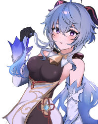 1girl absurdres ahoge bare_shoulders bell blue_hair blush breasts chinese_knot detached_sleeves flower_knot ganyu_(genshin_impact) genshin_impact highres horns hotaboshi_yazuki long_hair looking_at_viewer medium_breasts neck_bell parted_lips purple_eyes sidelocks solo upper_body vision_(genshin_impact) white_background white_sleeves yaduki100