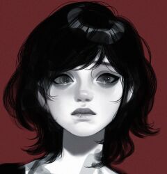1girl 23i2ko aegyo_sal black_eyes black_hair black_shirt bow commentary curly_hair english_commentary head_tilt limited_palette looking_at_viewer original portrait red_bow scar_on_lip shirt simple_background solo