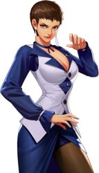 1girl breasts brown_eyes brown_hair cleavage curvy dress earrings female_focus formal_clothes huge_breasts jewelry large_breasts long_sleeves looking_at_viewer short_hair shorts skirt suit the_king_of_fighters thighs vice_(kof)