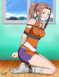 absurdres arms_behind_back bdsm bondage bound bound_ankles bound_arms bound_wrists breasts brown_eyes brown_hair cloth_gag digimon digimon_adventure_tri. gag gagged highres improvised_gag legs looking_at_viewer medium_breasts cloth_gag shadow_xcp tachikawa_mimi thighs