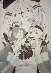 Rule 34 | 3girls, character doll, closed mouth, cross, cross facial mark, doll, dress, facial mark, forehead mark, greyscale, heart, highres, holding, holding doll, large ribbon, leoparde (mahou shoujo ni akogarete), light blush, light frown, long hair, looking at viewer, magia baiser, mahou shoujo ni akogarete, makotogab, monochrome, multiple girls, nero alice, pen (medium), photo (medium), sweat, traditional media, wrist cuffs