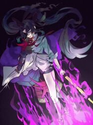 armor black_background black_hair blunt_bangs bow bowtie dual_wielding dynamic_pose fate/grand_order fate_(series) fire hair_bun hat highres holding holding_sword holding_weapon kari_nkori_n katana layered_clothes long_hair long_sleeves looking_to_the_side multicolored_eyes one_eye_covered purple_fire red_bow red_bowtie single_hair_bun solo sword taira_no_kagekiyo_(fate) tate_eboshi ushiwakamaru_(fate) wakizashi weapon