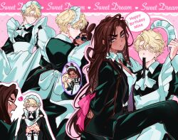 Rule 34 | 1boy, 1girl, absurdres, alien stage, animal ears, apron, arms behind back, ascot, black dress, black jacket, black pants, blank eyes, blonde hair, bound, bound wrists, clothes lift, collared shirt, commentary, crossdressing, dark-skinned female, dark skin, dress, english commentary, english text, formal clothes, gift art, grey eyes, heart, hetero, highres, holding headdress, hyuna (alien stage), jacket, lolo (myon creative), long hair, luka (alien stage), maid, maid apron, maid headdress, male maid, mouth hold, necktie, necktie in mouth, pants, pink ribbon, rabbit ears, ribbon, shirt, short hair, skirt, skirt lift, suit, suit jacket, sunglasses, undone necktie, very long hair, very short hair, white apron, white ascot, white shirt, yellow eyes