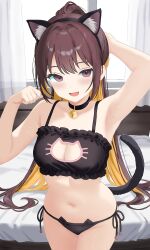 1girl absurdres animal_ear_hairband animal_ears armpits bed bell black_bra black_choker black_panties blush bra breasts brown_eyes brown_hair cat_cutout cat_ear_hairband cat_ears cat_lingerie cat_tail choker cleavage cleavage_cutout clenched_hand clothing_cutout colored_inner_hair commentary cowboy_shot curtains double-parted_bangs english_commentary fake_animal_ears fake_tail hair_spread_out hairband hand_on_own_head highres indoors large_breasts lewd_chan long_hair looking_at_viewer meme_attire multicolored_hair navel neck_bell open_mouth orange_hair original panties ponytail side-tie_panties sidelocks smile solo standing tail underwear underwear_only variant_set very_long_hair window