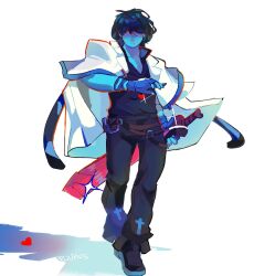 1other 88junos absurdres androgynous belt black_hair black_pants black_shirt blue_gloves blue_skin capelet closed_mouth coat colored_skin cosplay deltarune fingerless_gloves full_body gloves guilty_gear hair_over_eyes heart highres holding holding_sword holding_weapon kris_(deltarune) ky_kiske ky_kiske_(cosplay) looking_at_viewer pants shirt short_hair simple_background solo sparkle standing sword weapon white_background white_capelet white_coat