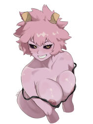 1girl absurdres aroused ashido_mina bad_tag black_eyes blush boku_no_hero_academia breasts dashi_(dashiart) dashi_art female grabbing_another&#039;s_breast groping highres horns naughty_face nipples pink_hair shirt solo solo_focus squeezing teeth
