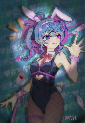 Rule 34 | 1girl, absurdres, ace (playing card), ace of hearts, ahoge, animal ears, arm ribbon, bare shoulders, black leotard, black ribbon, blood, blood on face, blue eyes, blue hair, bow, bowtie, breasts, card, cleavage, clothing cutout, collar, commentary request, covered navel, cowboy shot, cutout above navel, fake animal ears, fake tail, fishnet pantyhose, fishnets, hair between eyes, hair ornament, hair ribbon, hairband, hatsune miku, heart, heart ahoge, heart cutout, heart hair ornament, heart in eye, highres, leg belt, leotard, licking lips, looking to the side, medium breasts, medium hair, multicolored hair, pantyhose, pink blood, pink ribbon, pink streaks, playboy bunny, playing card, rabbit ears, rabbit hair ornament, rabbit hole (vocaloid), rabbit tail, red bow, red bowtie, ribbon, short twintails, strapless, strapless leotard, streaked hair, symbol in eye, tail, tongue, tongue out, twintails, twitter username, vocaloid, white collar, white hairband, wristband, x hair ornament, yihi