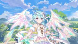 Rule 34 | 1girl, absurdres, blue hair, blue horns, braid, breasts, cleavage, closed mouth, cross-laced clothes, cross-laced dress, crossed bangs, crystal wings, dragon horns, dragon wings, dress, dual wielding, elbow gloves, floating, floating object, flower, frilled dress, frills, gloves, hair between eyes, hair flower, hair ornament, hair over shoulder, hairband, highres, holding, holding sword, holding weapon, horns, light blue hair, long hair, looking at viewer, official alternate costume, official art, pantyhose, princess connect!, purple eyes, reverse grip, sheffy (princess) (princess connect!), sheffy (princess connect!), short dress, single braid, small breasts, solo, standing, sword, third-party source, v-shaped eyebrows, weapon, white dress, white flower, white hairband, white pantyhose, wings