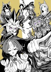 &gt;_&lt; 2boys 6+girls absurdres animal_ears belt blue_eyes breasts broom clenched_teeth collarbone crossover egyptian_god_slime electricity epaulettes fuji_kiseki_(umamusume) fusion gloves grass_wonder_(umamusume) hands_up hat highres holding holding_broom holding_unworn_clothes holding_unworn_hat horse_ears horse_girl jacket large_breasts long_sleeves meisho_doto_(umamusume) multicolored_hair multiple_boys multiple_girls necktie open_clothes open_jacket open_mouth open_shirt petoka pointing purple_eyes sailor_collar single_epaulette spiked_hair spot_color sweep_tosho_(umamusume) symboli_rudolf_(umamusume) teeth umamusume unworn_hat unworn_headwear white_hair yami_marik yami_yugi yu-gi-oh! yu-gi-oh!_duel_monsters