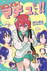 1boy 1girl amate_yuzuriha aqua_eyes bag blue_hair blush collared_shirt ekitzellll ganbare!_nakamura-kun!! gundam gundam_gquuuuuux haro highres long_sleeves lower_eyelashes_only necktie non-humanoid_robot parody red_eyes red_hair robot school_uniform shirt short_hair shuji_ito skirt smile sweatdrop sweater