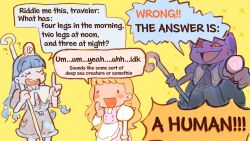 2girls ? among_us apron blonde_hair blue_hair commentary detached_sleeves english_commentary english_text fossilized_wonders highres index_finger_raised kirisame_marisa long_hair michigami_nareko molly_yancey multiple_girls pointing scepter touhou vest waist_apron white_apron