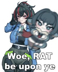 2girls alternate_legwear animal_ears black_gloves black_hair black_pants blue_jacket breasts checkered_necktie chibi cooterzi woe_plague_be_upon_ye_(meme) english_text gloves green_eyes green_hair high-waist_pants highres holster jacket jane_doe_(zenless_zone_zero) large_breasts meme metal_hairband motion_blur mouse_ears mouse_girl multicolored_hair multiple_girls necktie pants police police_uniform policewoman ponytail shoulder_holster streaked_hair throwing tight_clothes tight_pants white_background zenless_zone_zero zhu_yuan