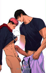 Rule 34 | 2boys, absurdres, bara, black hoodie, black shirt, blush, erection, facial mark, fatcat, fushiguro touji, highres, hood, hood down, hoodie, itadori yuuji, jujutsu kaisen, large pectorals, looking at another, male focus, male pubic hair, multiple boys, muscular, muscular male, pants, pectorals, penis, penis size difference, pink hair, pubic hair, shirt, short hair, translation request, white pants, yaoi
