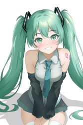 1girl absurdres aqua_eyes aqua_hair aqua_necktie aqua_trim bare_shoulders black_skirt blush breasts collared_shirt detached_sleeves hair_between_eyes hair_ornament hatsune_miku highres long_hair long_sleeves looking_at_viewer medium_breasts necktie number_tattoo parted_lips pleated_skirt shadow shirt simple_background sitting skirt smile solo tattoo teeth teyori thighhighs twintails very_long_hair vocaloid white_background white_shirt white_thighhighs wide_sleeves