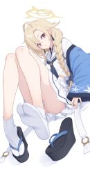 1girl ass ayame_(blue_archive) blonde_hair blue_archive blue_haori braid dan_(kumadan) hair_between_eyes halo haori highres japanese_clothes left_shoe_removed long_hair looking_at_viewer lying okobo on_back panties platform_clogs platform_sandals pointy_ears purple_eyes robe_on_shoulders sandals school_uniform serafuku shoes single_braid single_shoe solo tabi underwear unworn_shoe white_panties white_serafuku yellow_halo